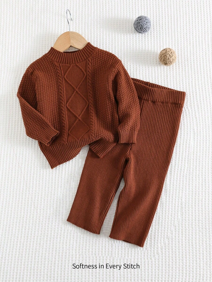 Cozy Pixies 2pcs/Set Toddler Coffee/Camel Solid Color Soft Knit Cable Round Neck Long Sleeve Sweater & Pants Set, Warm & Elegant British Style For Baby Boy/Girl, Casual/Outdoor/Homewear - Brown - View 1