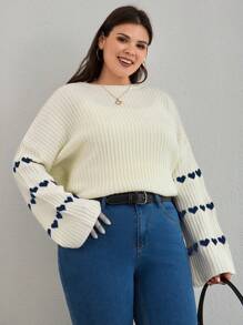 EURMUSE Heart Patterned Flared Sleeve Ribbed Knit Sweater - Apricot - View 6