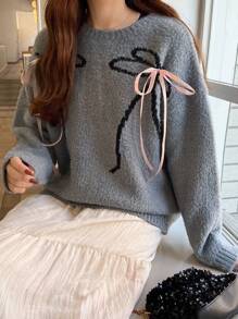 FRIFUL Women's Color Block Patchwork Bow Knitted Long Sleeve Casual Sweater,Fall Women Clothes - Grey - View 4