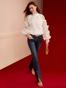 MOTF PREMIUM FLORAL APPLIQUED CONTRAST MESH BLOUSE,VALENTINE'S DAY,SPRING/SUMMER