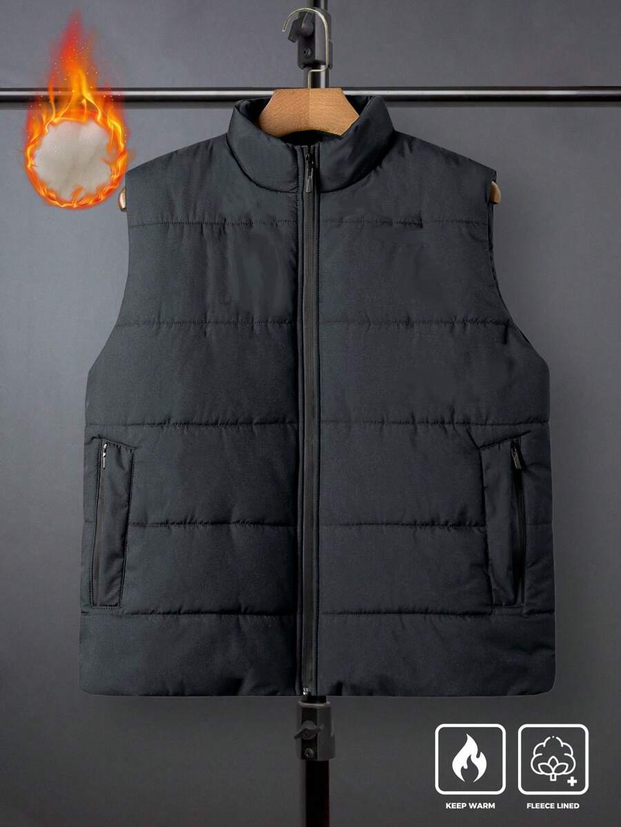 Manfinity Homme Plus Size Men's Solid Color Stand Collar Sleeveless Winter Jacket - Dark Grey - View 1