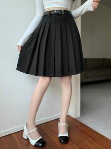 DAZY Women's Solid Color A-Line Pleated Skirt, Casual & Collegiate Style