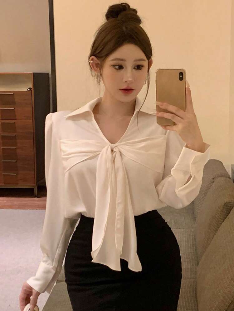 Women's Solid Color Long Sleeve Casual Blouse With Tie