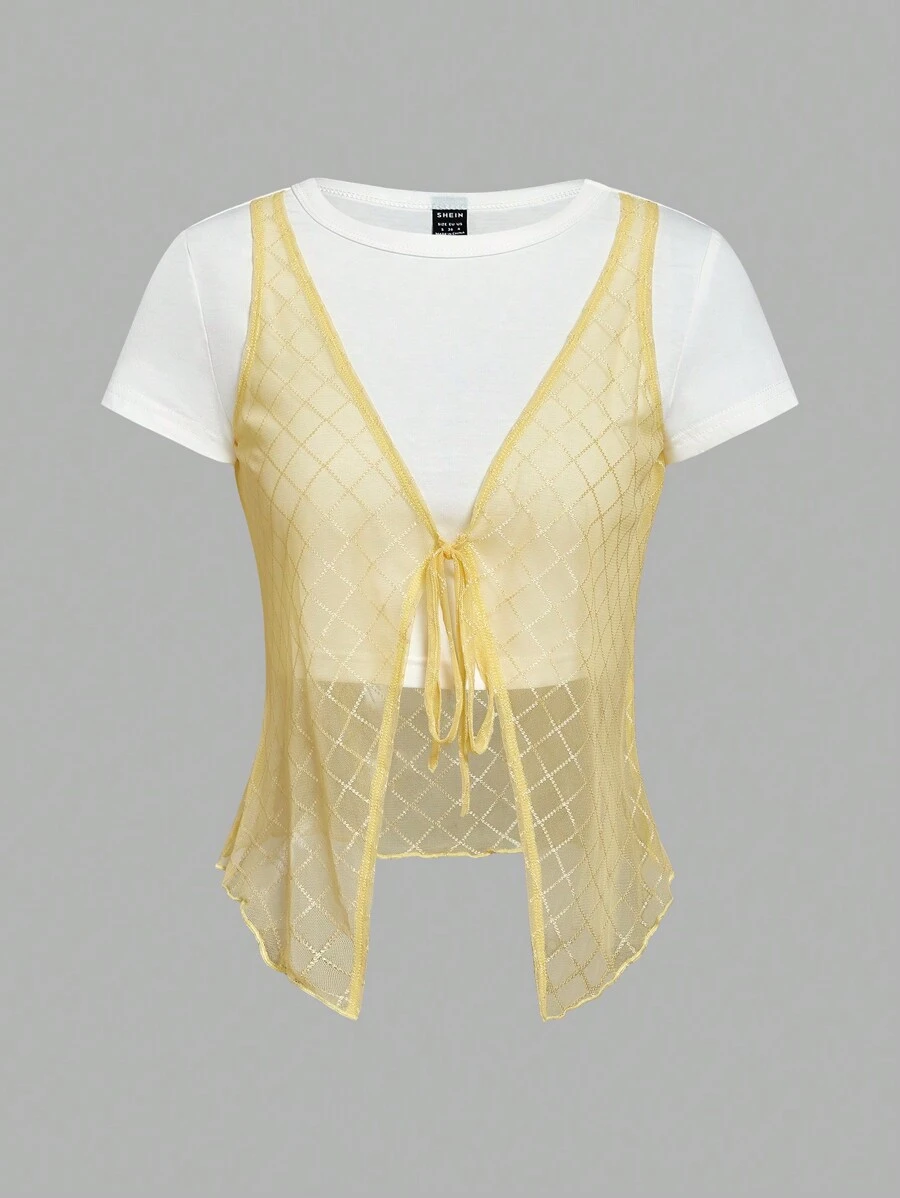 SHEINNeu Women Casual Mesh Contrast T-Shirt, Simple & Fashionable For Everyday Wear - Yellow - View 1