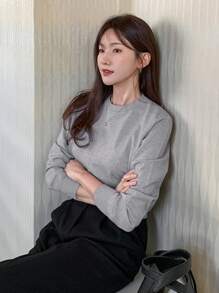 DAZY 女士圆领宽松基本款针织毛衣、长袖上衣、秋装 - 淺灰色 - 查看 3