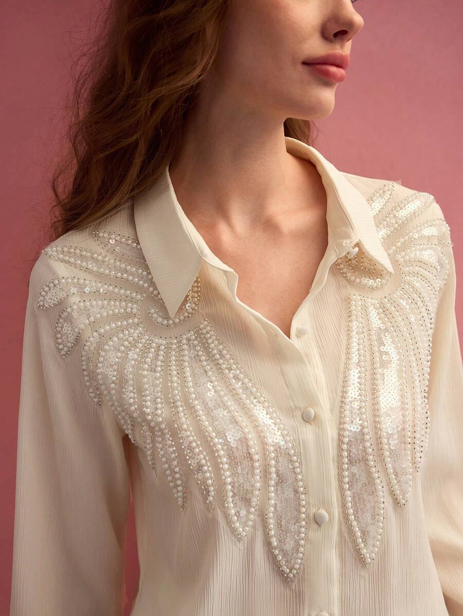 MOTF PREMIUM FAUX PEARL BUTTON UP BLOUSE - Apricot - View 2