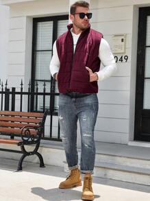 Manfinity Homme Plus Size Men's Solid Stand Collar Sleeveless Winter Jacket - Burgundy - View 3