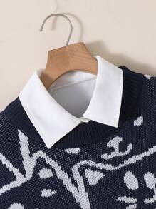 Tween Boys' Casual Cartoon Pattern Round Neck Pullover Long Sleeve Knit Sweater