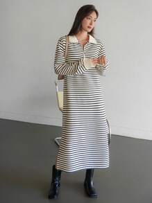 Dazy-Less Striped Half-Placket Pullover Dress For Women,Casual Women Dresses