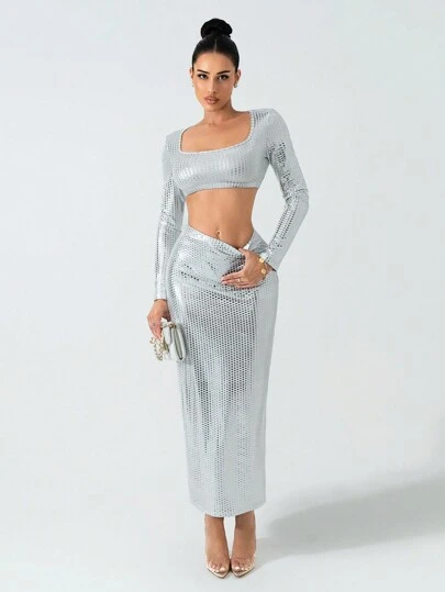 Zolique Foxxy Foxxy 性感金属涂层网眼派对上衣，夸张领口和短下摆 + 紧身裙 2 件套，适合女士圣诞装，女士新年装，派对闪光裙