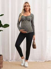 SHEIN Maternity Front Tie Long Sleeve All-Over Print Casual T-Shirt - Multicolor - View 5