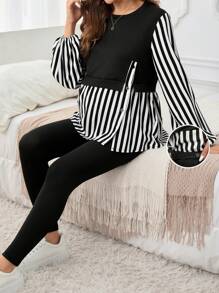 SHEIN Maternity Front Split 2 In 1 Top And Pants Set - Black and White - View 1