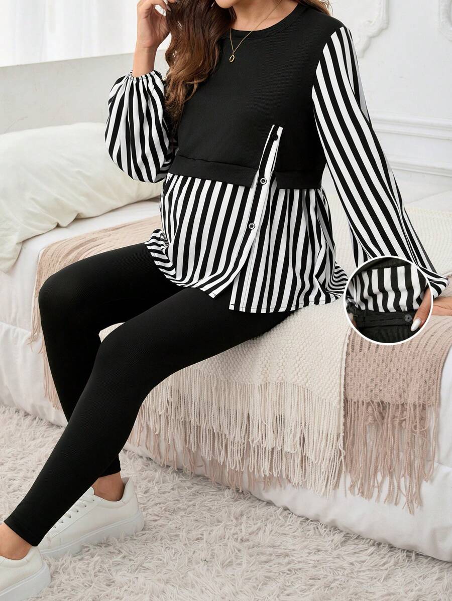 SHEIN Maternity Front Split 2 In 1 Top And Pants Set - Black and White - View 1