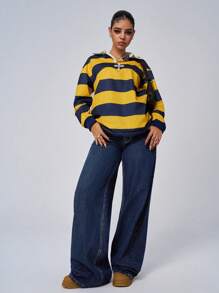 SHEIN Tall 女士休闲低腰刺绣水洗牛仔阔腿裤，带口袋 - 深色水洗藍 - 查看 3