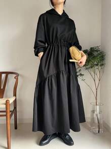 FRIFUL Women's Casual Solid Color Drawstring Waist Hooded Long Dress For Autumn,Fall Women Clothes Long Sleeve Dress - Black - View 6