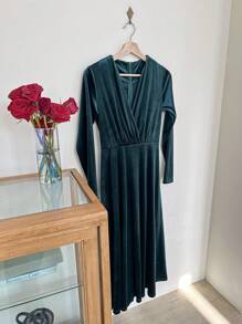 DAZY Robe longue en velours vintage élégante avec col en V enveloppant et taille cintrée pour femmes, robe longue à manches longues pour l'automne, robe de bal