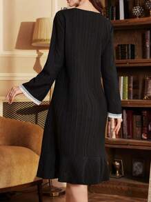 PalaceNights Color Block Ruffled Deep V-Neck Tie-Front Bow Decor Bell Sleeve Nightgown