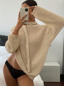 DAZY Top tricoté décontracté à manches longues, épaules tombantes, couleur unie, ample et ajouré pour femmes, automne/hiver - Nude - Voir 5