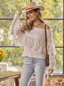 LanaWest Jersey holgado de hombros descubiertos con flecos en color liso para mujer, otoño/invierno