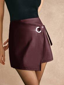 Poéselle 女士纯色 PU 皮革不对称下摆时尚迷你裙 - 酒紅色 - 查看 4