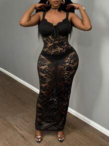Slaydiva 优雅性感黑色无袖蕾丝透明长裙，适合派对、约会、情人节、加大码 - 黑色 - 查看 1