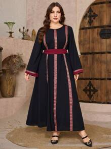 Al Najma Vestido casual feminino muçulmano plus size, gola redonda, mangas sino, patchwork estilo nacional, adequado para uso diário