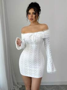 Chiquease 女士对比色蕾丝露肩长袖前系带优雅短裙、蕾丝派对礼服、露肩连衣裙 - 白色 - 查看 4