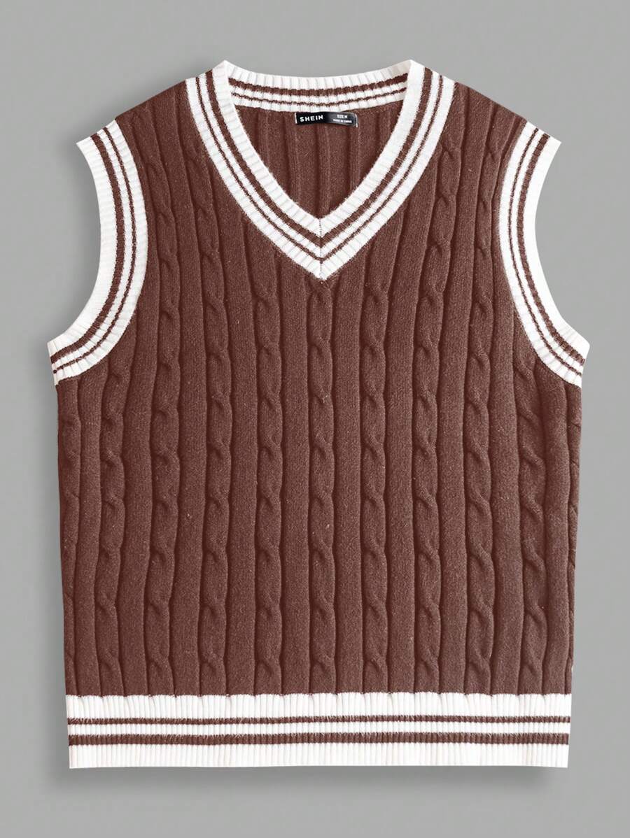 Manfinity VCAY Men's Casual Contrast Stripe V-Neck Knit Vest - Brown - View 1