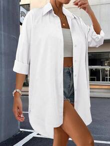 Damen Herbst Lässig einfarbiges vorne geknöpftes kurzes hinten langes Hemd