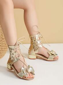 Kids Girls High Heel Sandals Summer Pearl Zipper Sandals