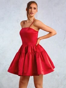 SHEIN SXY New Year Party Elegant Casual Sexy Nightclub Wedding Season Valentine's Day Date Must-Have Red Festive Satin Fluffy Pleated A-Line Princess Dress Hemline Slim Mini Dress - Red - View 3