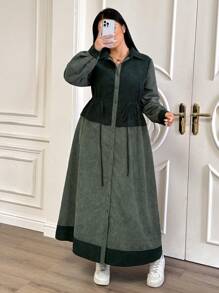 Mulvari Plus Size Solid Color Button Patchwork Long Sleeve Casual Long Dress - Green - View 3