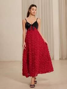 Aveloria Rosie French Elegant Romantic Floral Decor Sleeveless Contrast Color Paneled Maxi Layered Hem Dress For Women, Suitable For Spring/Summer, Valentine's Day - Red - View 5