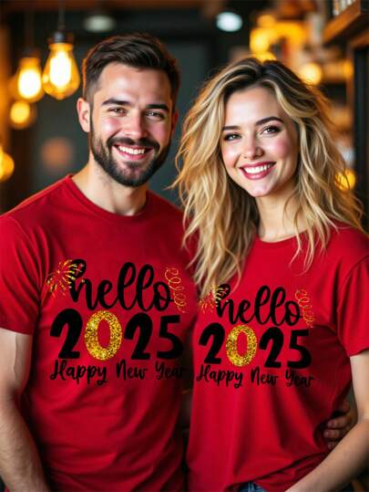 SHEIN Essnce Áo thun tay ngắn cổ tròn họa tiết năm mới 2025 màu đỏ giản dị dành cho nữ