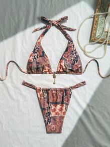 Women's Floral Print Halter Neck Tie Up Split Bikini Set, Randomly Printed Summer - Multicolor - View 2