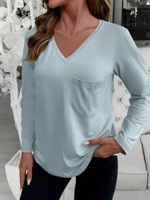 INAWLY Áo thun dài tay đơn giản hàng ngày màu trơn cho nữ Plus Size - Xám - Xem 4