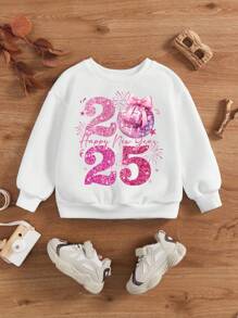 SHEIN Leap Crew Happy New Year 2025! Baby Girl Pink Printed Soft Knit Crew Neck Loose Fit Thick Hoodie Sweatshirt, Suitable For Autumn/Winter - White - View 2