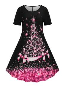 SHEIN LUNE 大码女式情人节图案印花休闲短袖针织连衣裙，春夏 - 黑色 - 查看 1