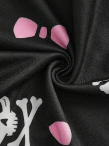 ROMWE Kawaii Skull & Bow Print Lace Patchwork Contrast Color Strap Pajama Set - Black and White - View 4