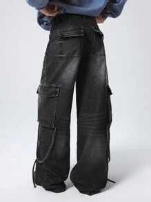 LYSMO Women's Cargo Pocket Wide Leg Loose Casual Denim Jeans