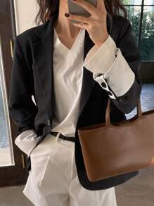 DAZY Women's Casual Commuter Two-Tone Cuff Blazer Jacket Business Attire - Black - View 3