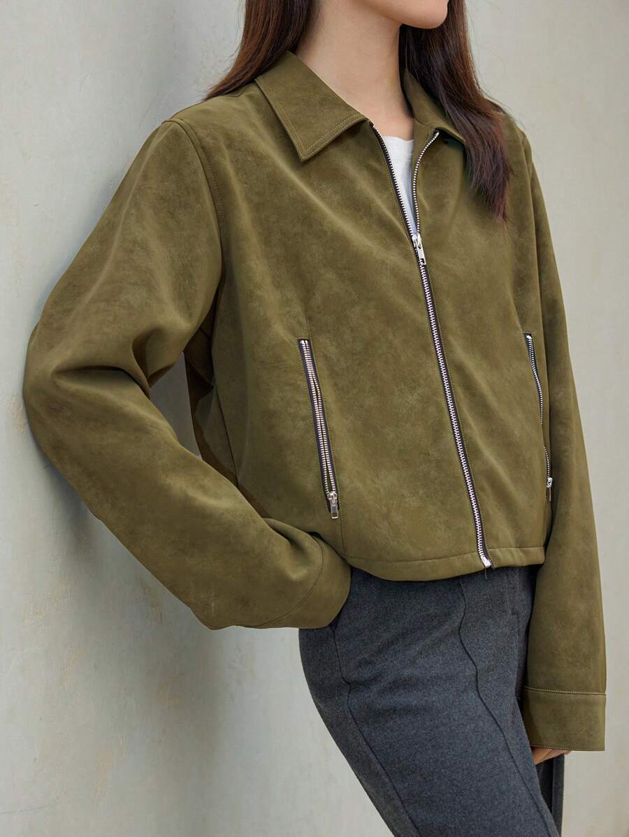 Dazy-Less Kurze anliegende PU-Lederjacke für Frauen, Herbstkleidung