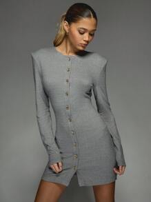 MISSGUIDED Shimmer Stiff Shoulder Button Detail Long Sleeves Bodycon Mini Dress - Grey - View 1