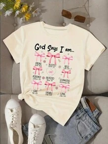 SHEIN Tween Girl' Round Neck Short Sleeve Bow Print Casual T-Shirt - Apricot - View 1