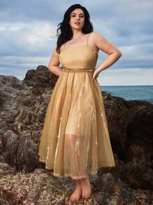 SHEIN VCAY Vestido midi ajustado con decoración de lazo y espalda descubierta, de tejido dorado de talla grande