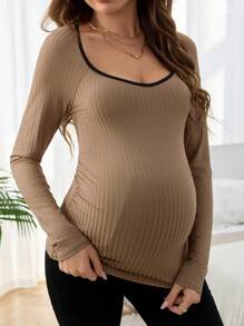 SHEIN Áo thun cổ tròn tay loe phối màu thoải mái cho bà bầu dài tay - màu nâu - Xem 4