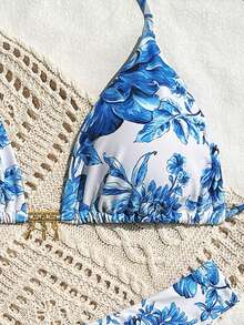 2 件套女士夏季海滩露背花卉印花比基尼套装 - 藍白色 - 查看 4
