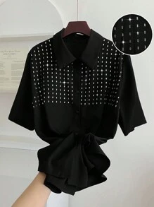 SHEIN LUNE Plus Size Women's Black Rhinestone Embellished Short Sleeve Blouse - Black - View 1