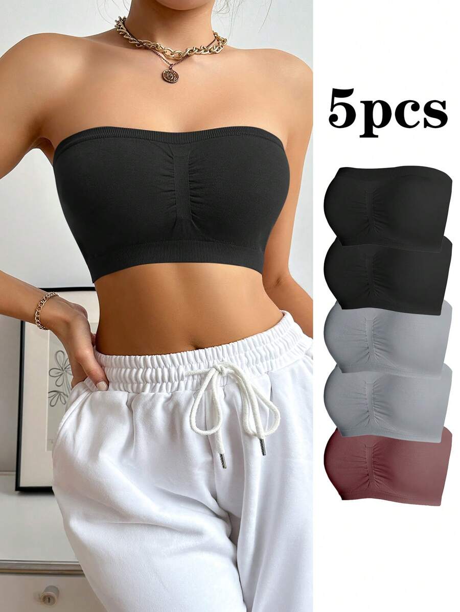 Women Solid Color Pleated Bandeau Bra Set Of 5 - Multicolor - View 1