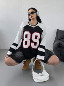 SHEIN Unity Plus Size Women Letter Print Casual T-Shirt With Raglan Sleeves - Black and White - View 1